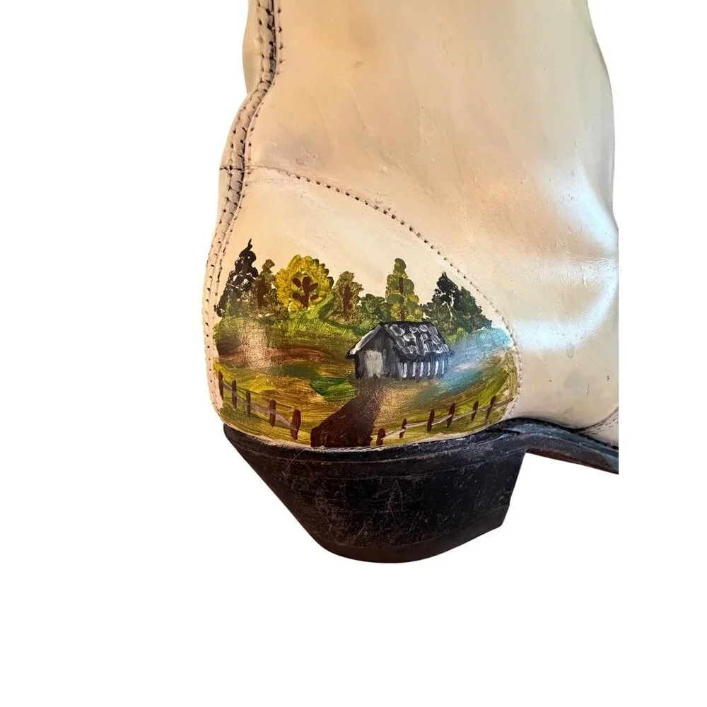 Sears Vintage Mens Hand Painted Coyote Boots Size 8 D Cream Leather Western OOAK